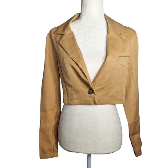 Dizzy Lizzy Womens Cropped Blazer One Button Long Sleeve Camel Tan Office Medium - Picture 1 of 10